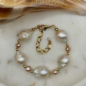 Baroque Pearl Bracelet with Pink Pearls; 14k Gold Filled Beads